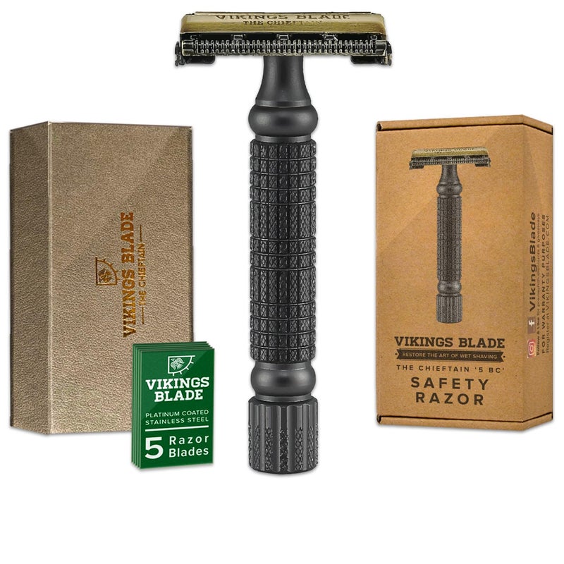 VIKINGS BLADE Double Edge Safety Razor for Men + 5 Swedish Steel Blades + Luxury Case. Smooth, Reusable, Recyclable (Chieftain â€œ5 BCâ€) - Image 1